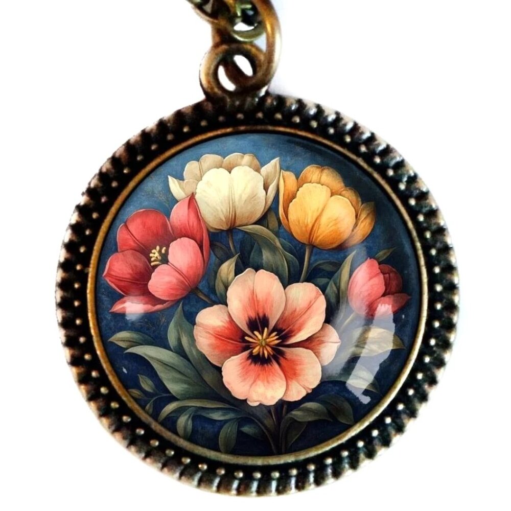Moody Tulip Flowers Necklace - Bronze Floral Ornate Pendant - Vintage‎ Jewelry - Picture 2 of 6